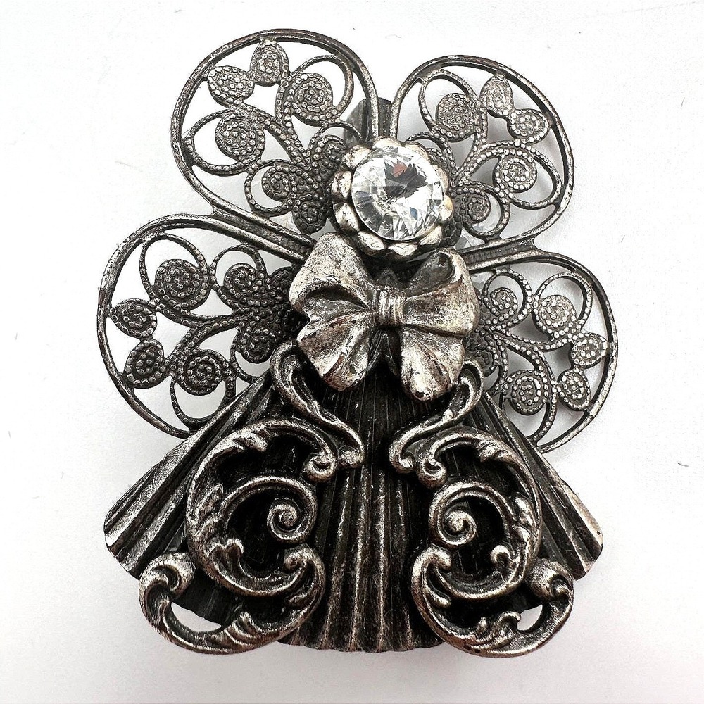 Vintage 90s Silver Tone‎ Angel Brooch Filigree Wings Clear Glass Bow Jewelry